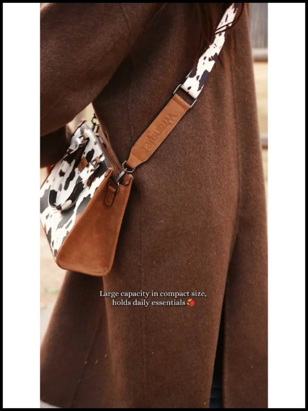 Faux Leather Cow Print Tote Bag with Whipstitch Details